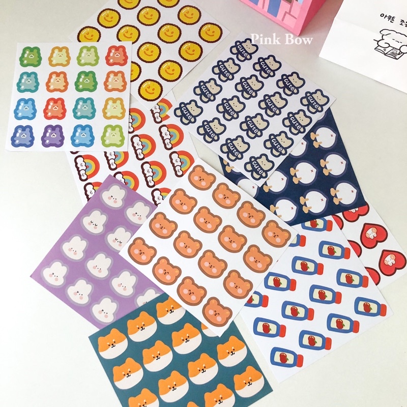 Sticker giấy CUTE hình con GẤU / THỎ / MẶT CƯỜI / TIM / CẦU VỒNG / CHÓ CORGI - 1 set gồm 2 tấm 16c