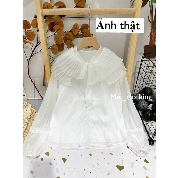 [Ảnh thật/sẵn] Áo sơmi tơ 2 lớp thiết kế cổ bèo dập ly/ sơ mi nữ