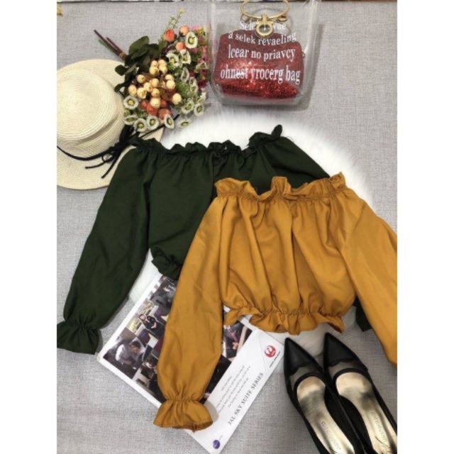 Áo trễ vai tay dài croptop bèo