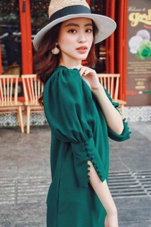 Đầm xanh tay nút bọc
