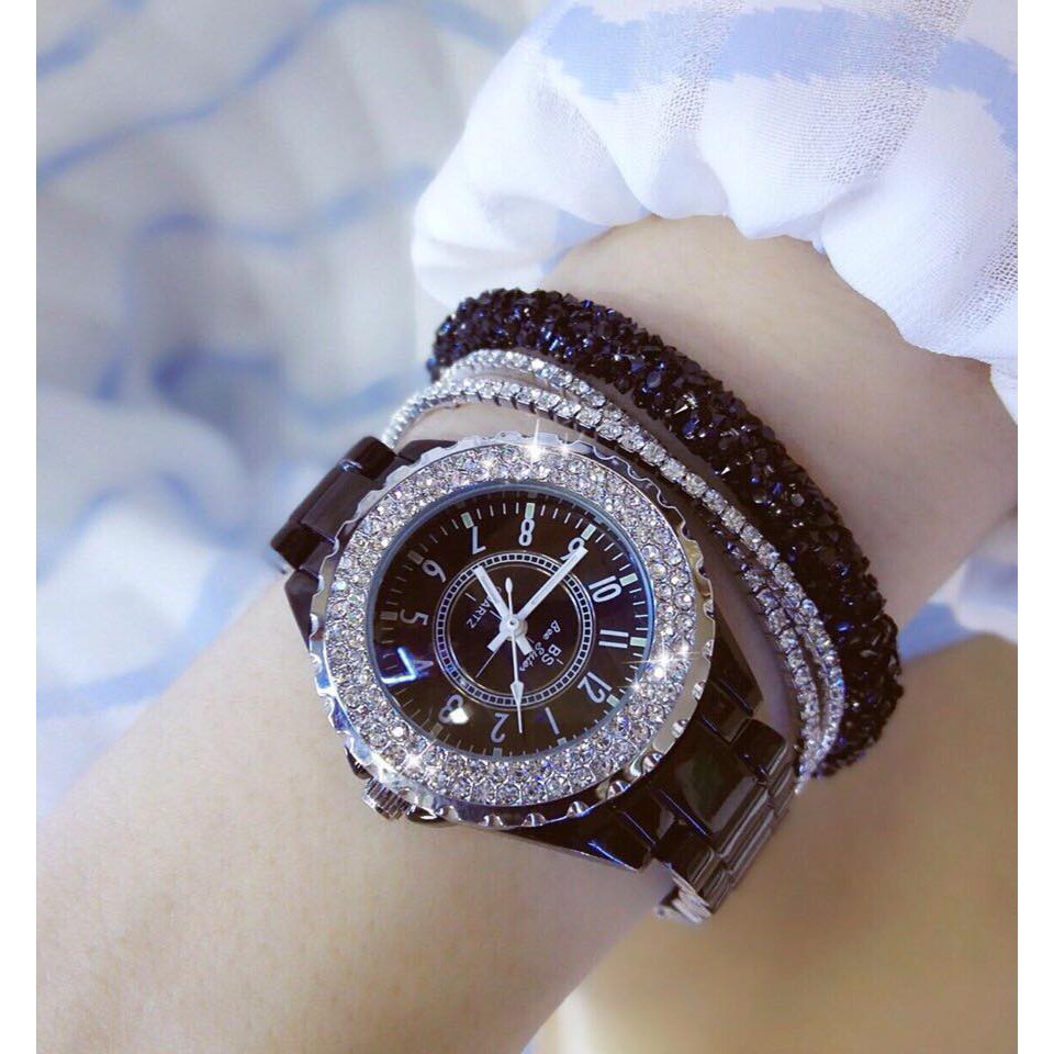 Đồng hồ nữ Beesister BS dây sứ viền đính đá xoay độc đáo style Hàn Quốc + Tặng hộp đồng hồ sang trọng
