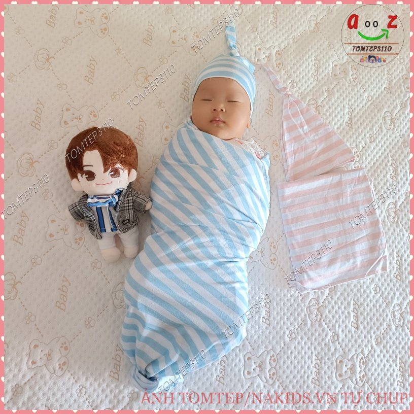 Quấn Chũn Kèm Mũ Cho Bé Sơ Sinh ☘FREESHIP☘ Ủ Kén, Nhộng Chũn Giúp Bé Ngủ Ngon