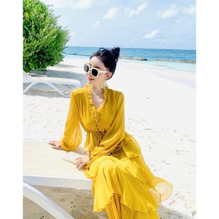 Đầm Bèo Tầng, Váy Maxi Đi Biển V64, Chất Voan Mềm Mát, Mầu Vàng, Tuyệt Phẩm Cho Tín Đồ Sống Ảo, Mẫu Siêu Hot  Hè 2021