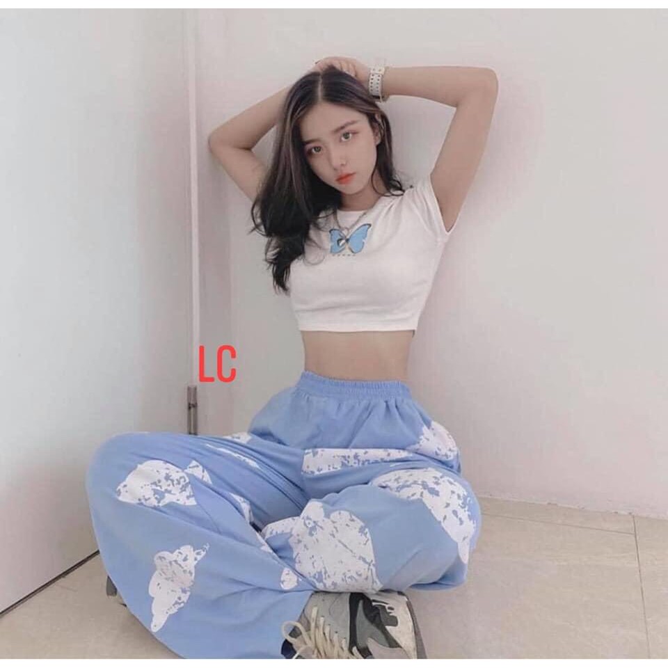 Set Áo Thun Croptop Body Bướm + Quần Cullotes Ống Rộng Vân Mây Xanh Siêu | BigBuy360 - bigbuy360.vn