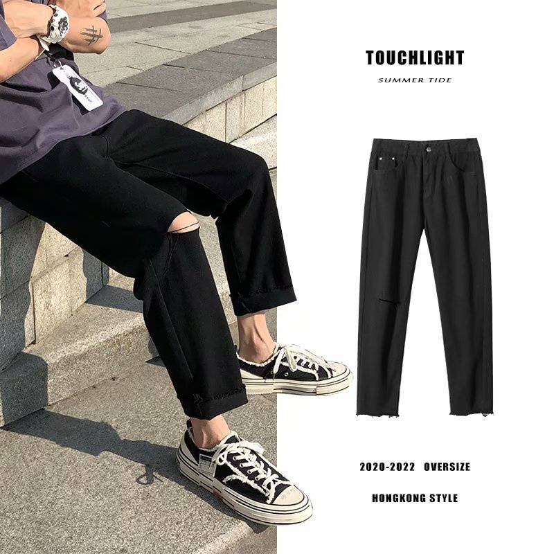 Quần baggy nam nữ đen rách gối , quần jeans ống rộng , dáng xuông , không phai màu phong cách Hàn Quốc | BigBuy360 - bigbuy360.vn