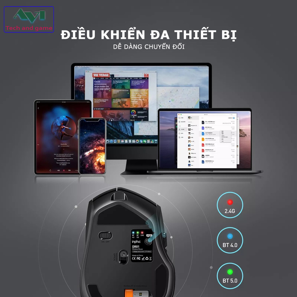Chuột không dây Bluetooth Pin sạc INPHIC DR1 chống ồn 1600DPI cho máy tính - Hàng Chính Hãng