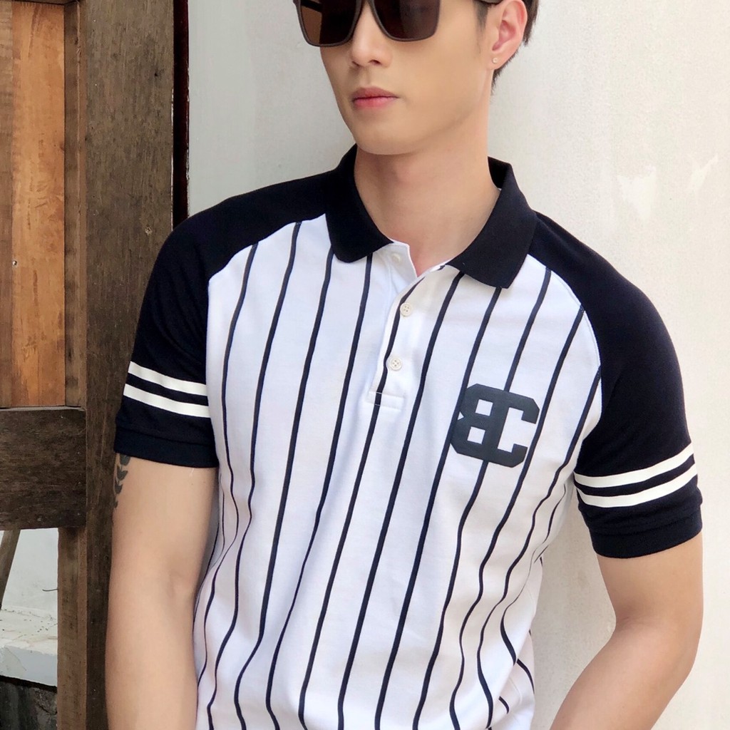 Áo Thun Polo Nam Cổ Bẻ Logo BC Phối Sọc BYCOTTON Raglan Polo Shirt