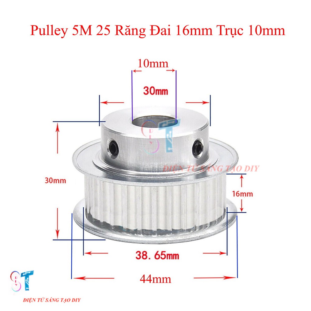 Pulley Bánh Răng Nhôm 5M 25 Răng Bản Rộng Đai 16mm Trục 10mm