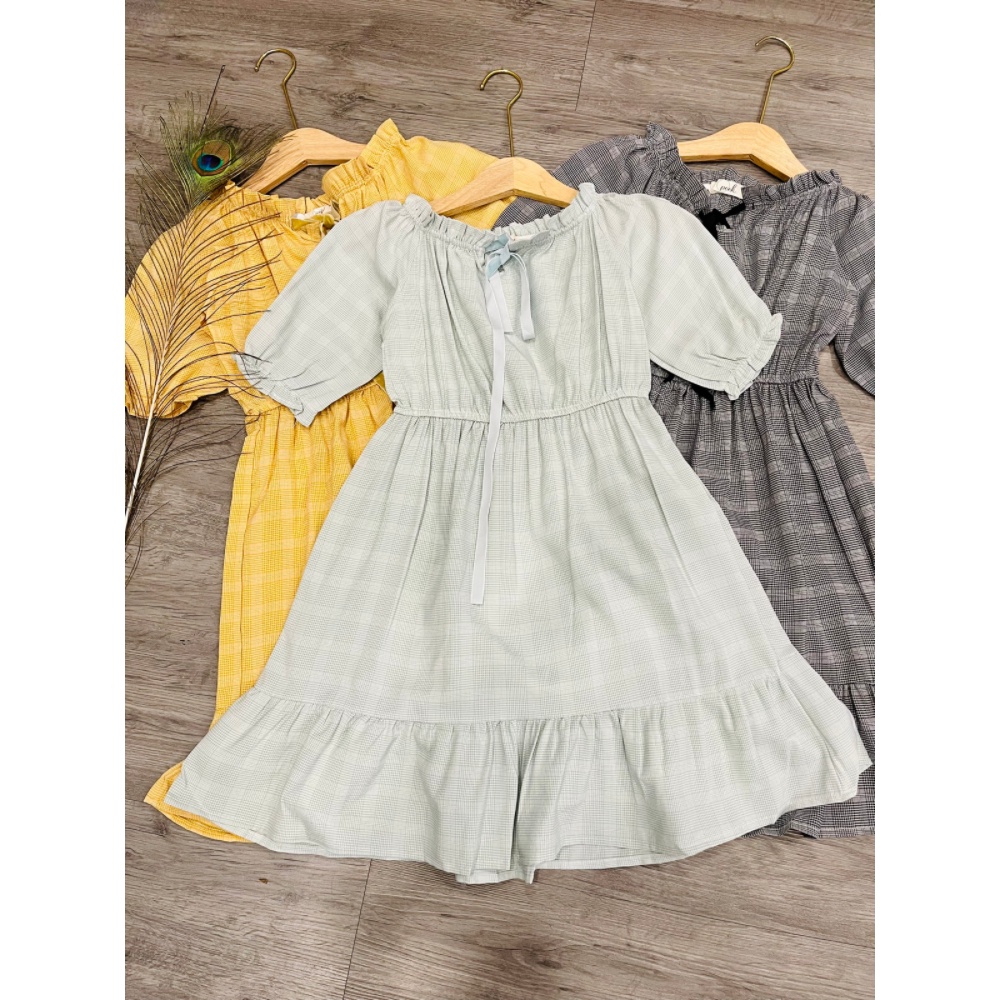 Đầm nữ babydoll, đầm nữ kẻ caro tay lửng cute chất cotton mát SKUD-63