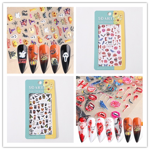 Cod Qipin Nhãn Dán Móng Tay Chạm Khắc Ba Chiều Họa Tiết Đầu Lâu Ma Cà Rồng Halloween Đơn Giản Cho Nữ