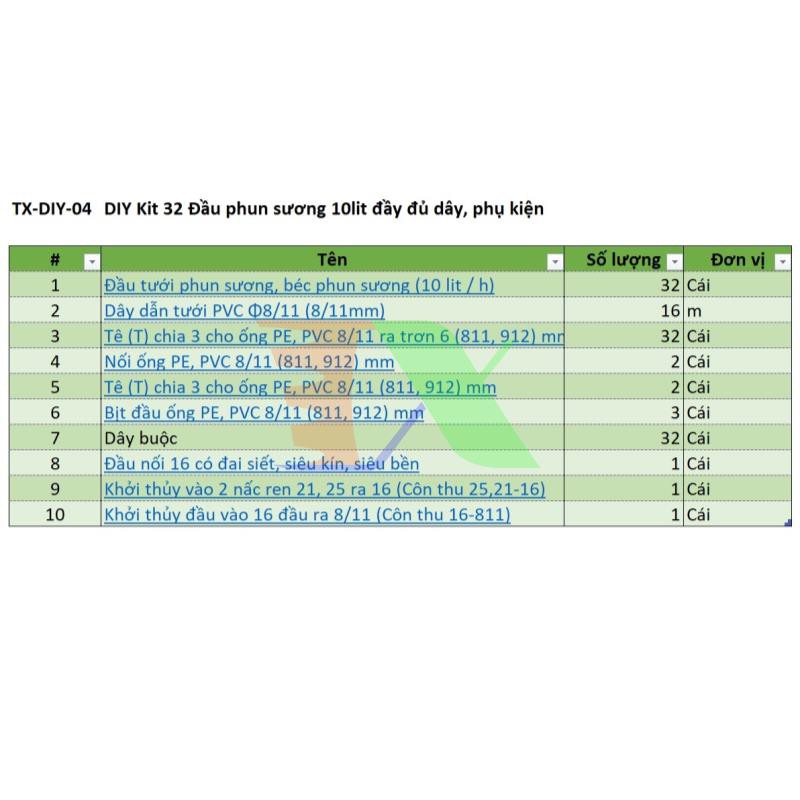 Bộ Kit 32 Đầu béc phun sương 10lit đầy đủ dây, phụ kiện TX-DIY-04, Bộ tưới phun sương làm mát, tưới hoa lan DIY