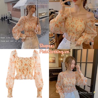 SẴN🎀Áo crotop trễ vai tiểu thư vintage hoa nhí tay phồng bo chun /Áo kiểu ulzzang năng động cao cấp nàng thơ bánh bèo