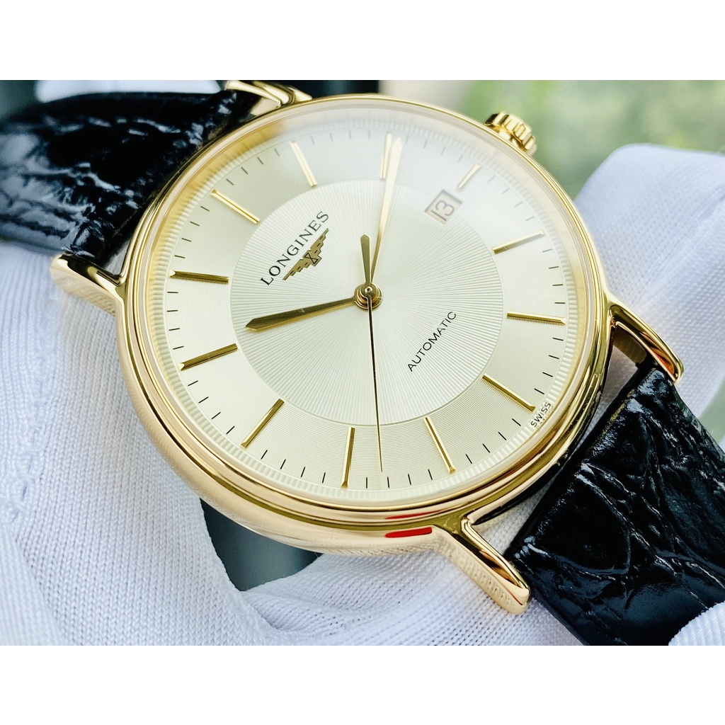 Đồng hồ nam chính hãng Longines Presence Automatic Gold Dial Black Leather L49212422 - Máy cơ Thụy Sĩ - Kính Sapphire
