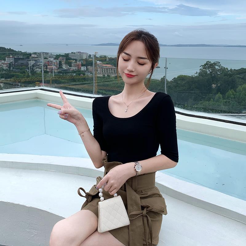 Áo thun tay lỡ cổ chữ U dáng rộng hở lưng màu trơn quyến rũ thời trang dành cho nữ