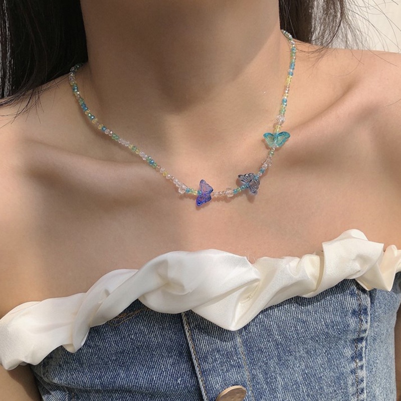 Vòng cổ Chuỗi Hạt Pha Lê Xanh Dương Handmade Mặt Bướm