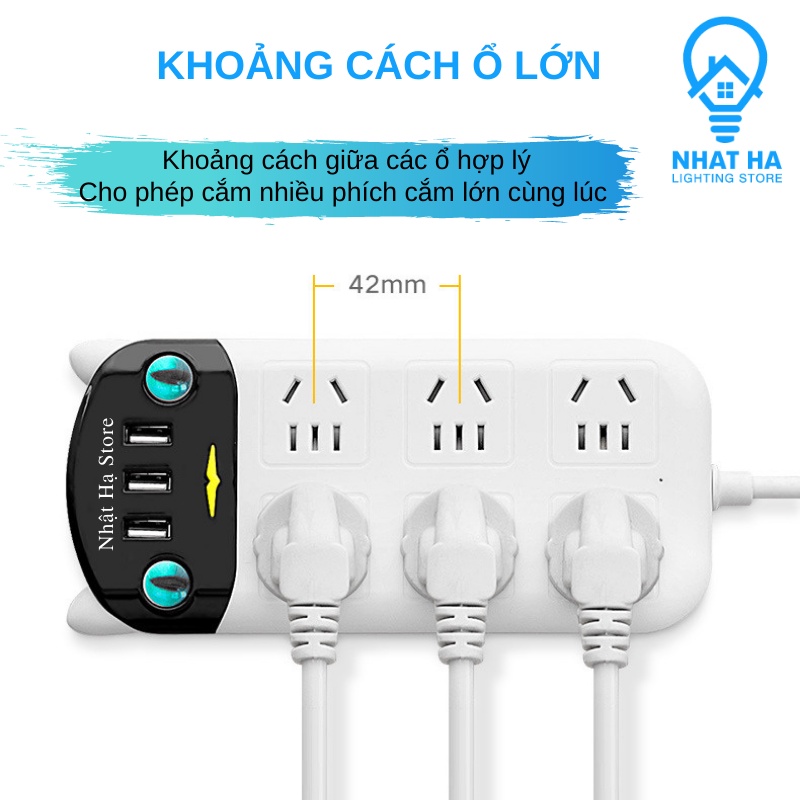 Ổ Cắm Điện Đa Năng Dán Tường Hình Mèo Cute OD-318, 3 Cổng USB Chống Giật Thông Minh Dây Dài 3m