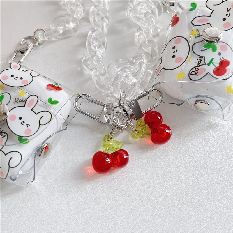 Vỏ Bảo Vệ Hộp Sạc Tai Nghe Airpods Pro Apple Hình Thỏ Cherry Trong Suốt Có Dây Đeo Sợi Xích Ốp
