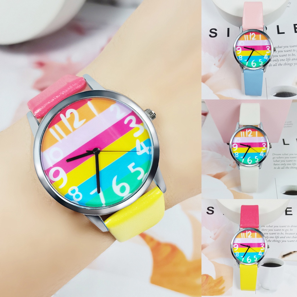 MACmk Women Rainbow Stripe Dial Accurate Quartz Movement Alloy Number Quartz Wristwatch for Office