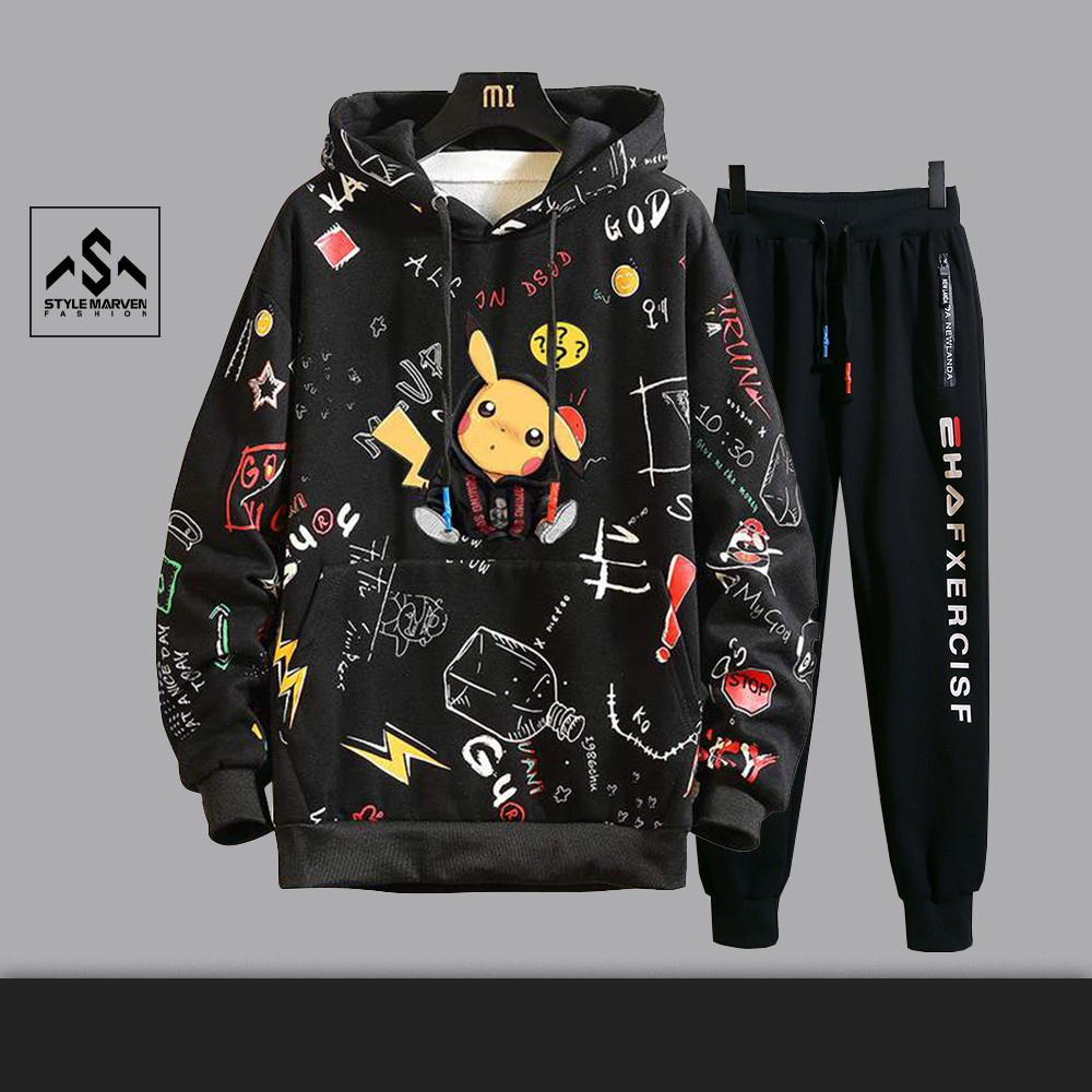 Bộ quần áo nỉ nam nữ STYLE MARVEN áo hoodie unisex pikachu thu đông phối quần jogger bo ống thời trang TOP 176 + JG 75 -