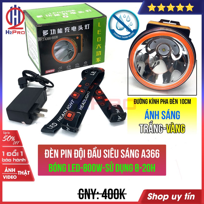 Đèn Pin Đội Đầu Siêu Sáng Led A366-800W-Chiếu Xa 500m-Pin Khủng-Dùng 8-20h, Chống Nước, Sáng Trắng Hoặc Vàng-H2Pro Tech