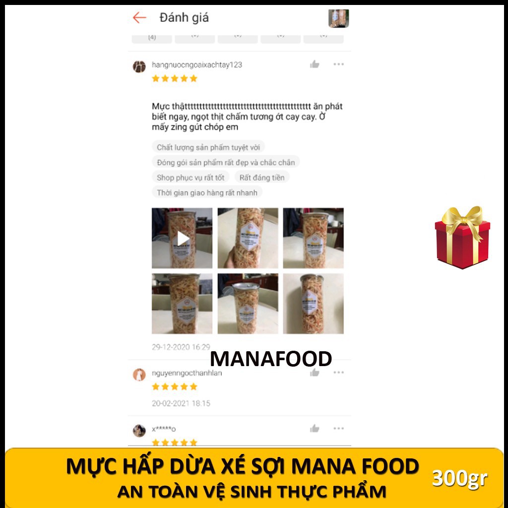 Mực Xé Sợi, Mực Sợi Hấp Nước Dừa Mana Food Loại Ngon Hủ Pet 300gr - Chuẩn ATVSTP, Khô Mực Hấp Nước Dừa Ăn Vặt