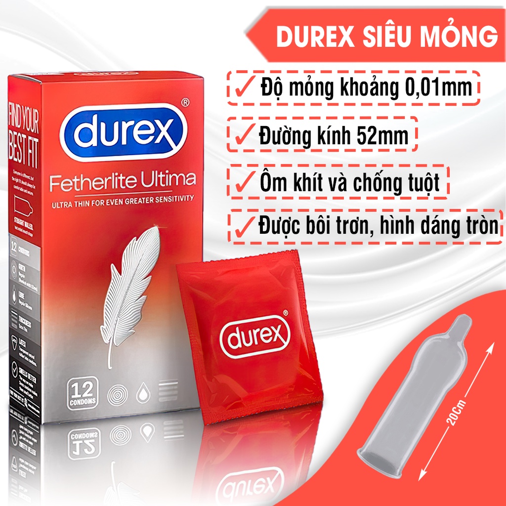 Bao Cao Su Siêu Mỏng Chính hãng Durex Fetherlite 1 Hộp 12 Bao