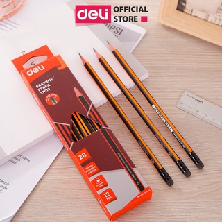 Bút Chì 2B Kèm Đầu Tẩy Deli Sọc Cam - Chì Đen Đậm, Dễ Tẩy Cho Học Sinh Dân Văn Phòng Ghi Chép Takenote Tập Viết Vẽ Tranh
