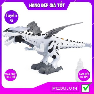Robot đồ chơi-Robor khủng long phun khói Foxi-Có đèn-Có nhạc-Chạy bằng pin-Biết tự di chuyển và quay đầu khi gặp vật cản