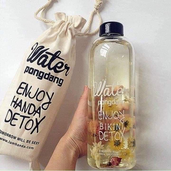 Bình Nước Detox đẹp "Water PongDang" 1000 ml (màu trong suốt cực đẹp) Tặng kèm 1 Túi vải bao cực tiện lợi cute  😍