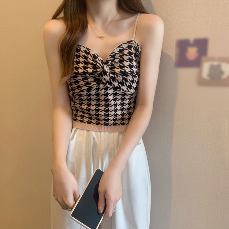 Brroa Áo Hai Dây Dệt Kim Họa Tiết Houndstooth Thời Trang Mùa Hè Cho Nữ