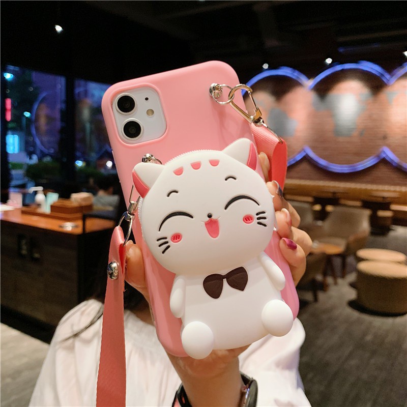 Samsung S10 S10PLUS S7edge S21Ultra S21+ A12 A42 5G A6 A8 A6Plus A6+ A8Plus A8+ A02S A01Core A21S A31 A11 Cartoon cat zero wallet mobile phone case Fortune Cat backpack mobile phone protective case fashion silicone tether wallet mobile phone case
