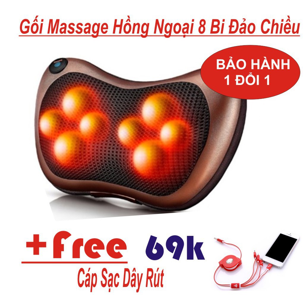 Gối Mát Xa Hồng Ngoại Đa Năng 8 Bi Đảo Chiều (Nâu) - Hàng Chất Lượng loại 1 + Tặng Cáp Sạc Dây Rút 4 Đầu 202_u