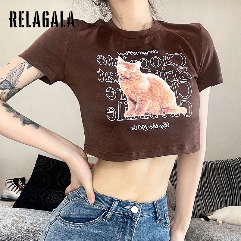 Áo Thun Croptop Tay Ngắn In Hình Mèo Ngộ Nghĩnh Cho Nữ