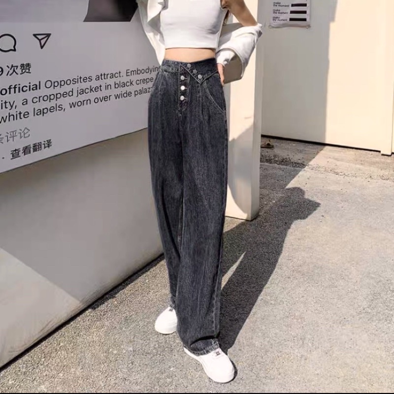 Quần jean ống rộng độ dài 103cm lưng gấp hai màu xám và xanh denim