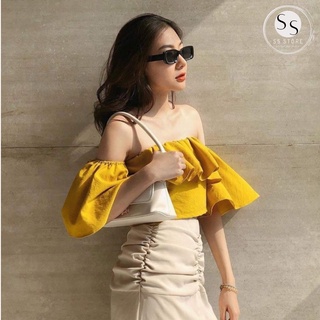 Set Áo Bẹt Vai Chun Bèo Kèm Chân Váy Nhún (ÁO VÀNG + VÁY NUDE)
