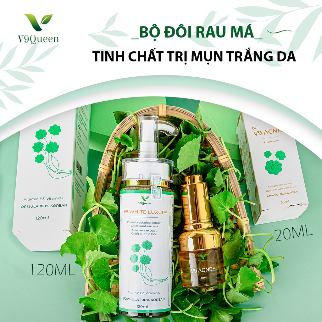 Combo giảm mụn Mỹ Phẩm Bà Bầu V9Queen, sữa rửa mặt rau má 120ml + serum mụn 20ml
