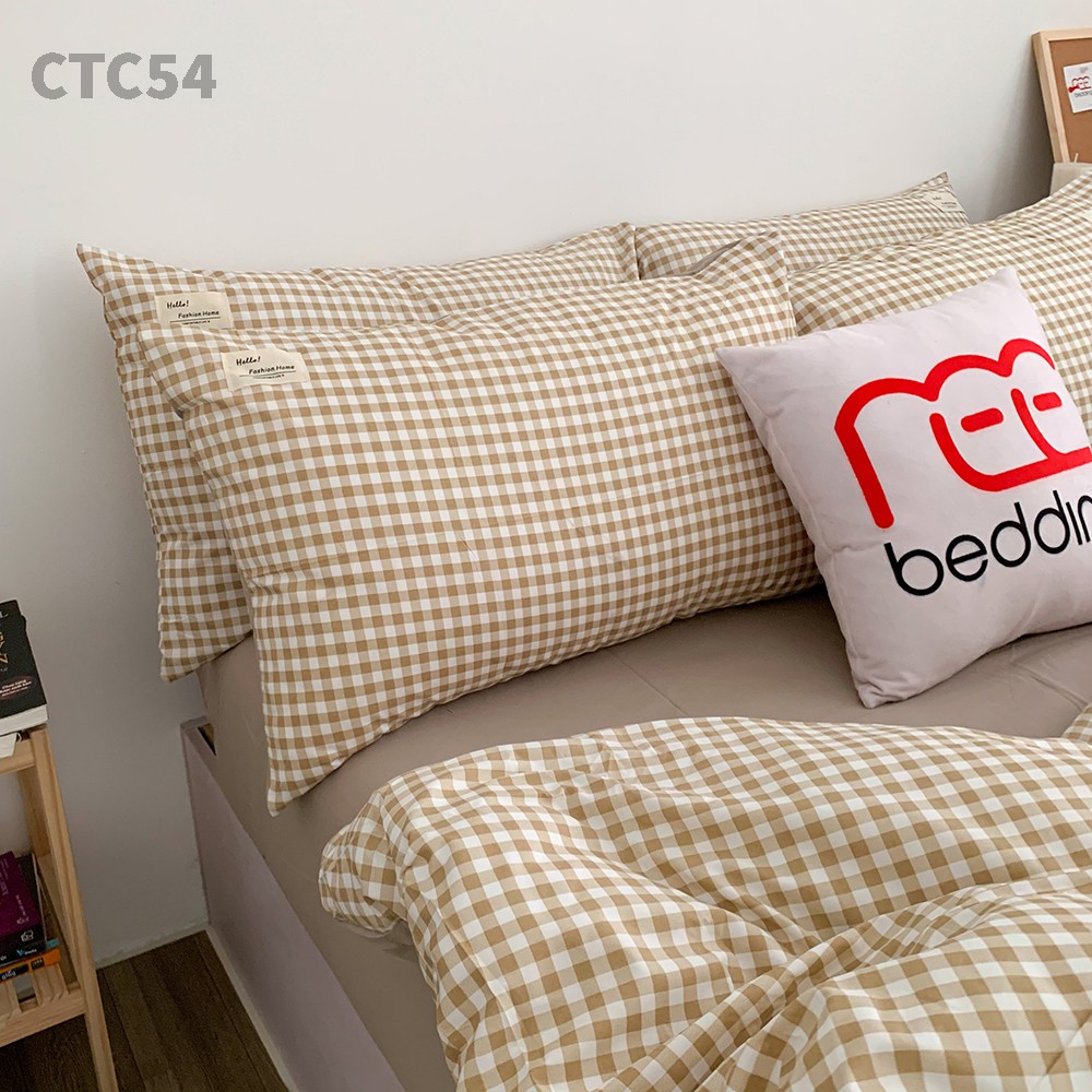 Bộ chăn ga gối REE Bedding CTC54 Cotton TC caro nâu đủ size giường nệm