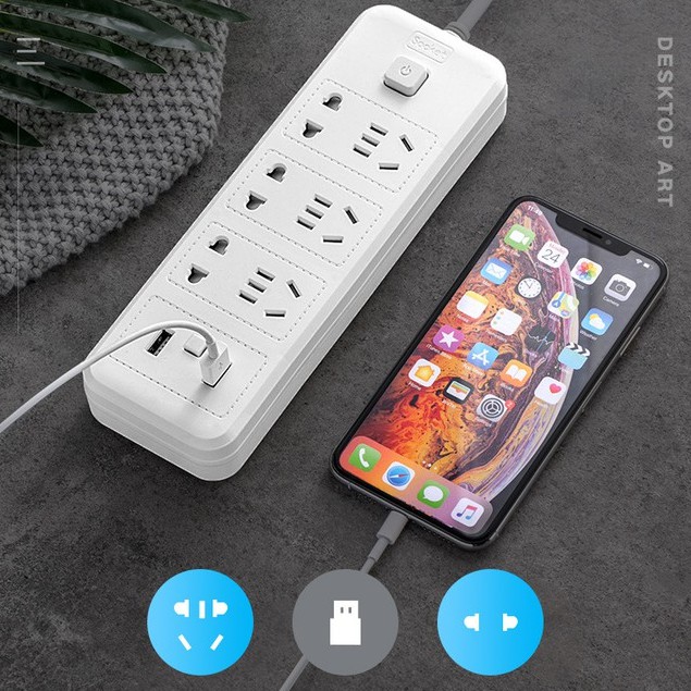 Ổ Cắm Điện Đa Năng Tích Hợp Cổng USB, Ổ Điện Chịu Tải 2500W Dây Nối Dài 2.8m Công Tắc Có Nắp Bịt An Toàn Chống Giật