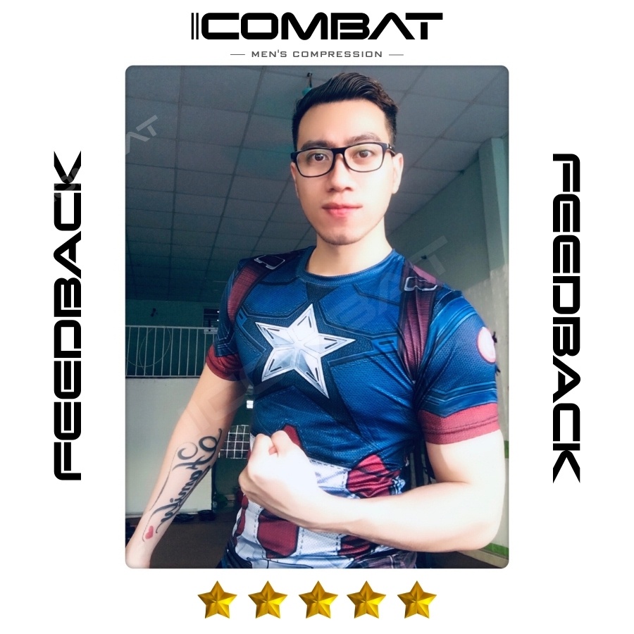 iiCOMBAT Áo Thể Thao Nam Thun lạnh Siêu Anh Hùng Đội trưởng Mỹ - Áo Thun Tập GYM Nam Nữ Ôm Body CAPTAIN AMERICA