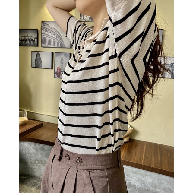 Áo thun len nữ tay ngắn polo kẻ ngang striped shirt màu be hàng loại 1 (Có sẵn - Ảnh thật shop chụp) | BigBuy360 - bigbuy360.vn