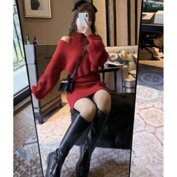 Váy Len Đỏ CELORA ,Đầm Len Cổ Lọ ôm Body Cao Cổ  Kèm Áo Khoác Len tăm Nữ Mềm Màu Đỏ Dài Tay | BigBuy360 - bigbuy360.vn
