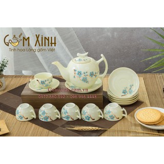 ấm chén bát tràng_Bộ ấm trà bưởi cành men kem vẽ hoa đào vàng kim