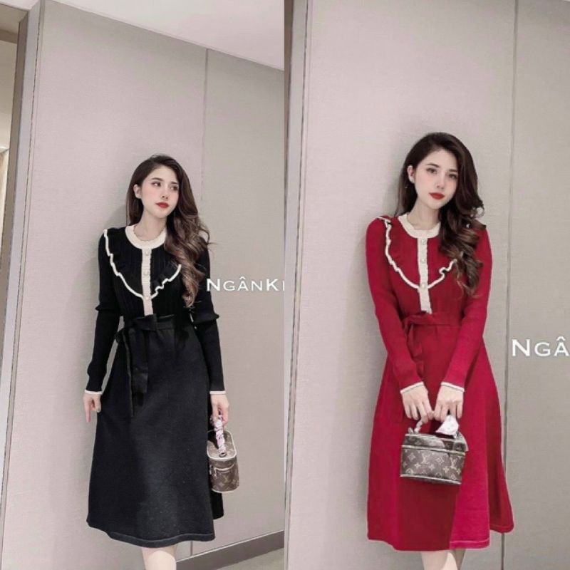 Váy Len xoè phối cổ bèo đen/ đỏ. Váy Len thiết kế đẹp thanh lịch