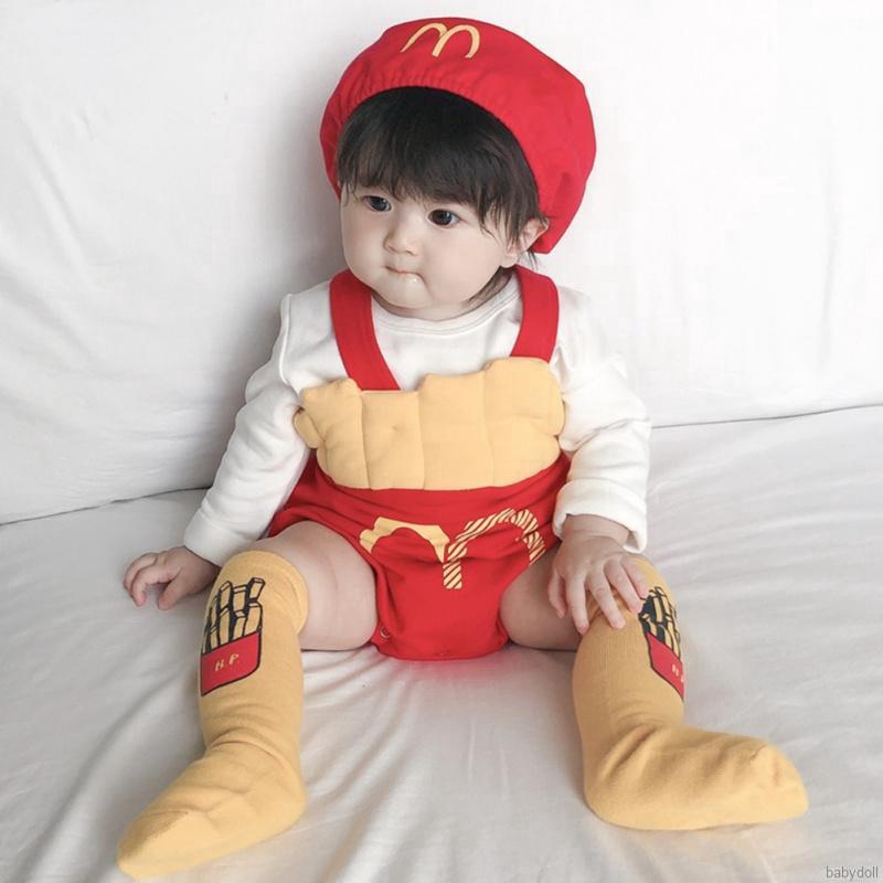 Baby Boys Girl Cute Sleeveless French Fries Covered Button Suspender Romper With Hat Baby Set
