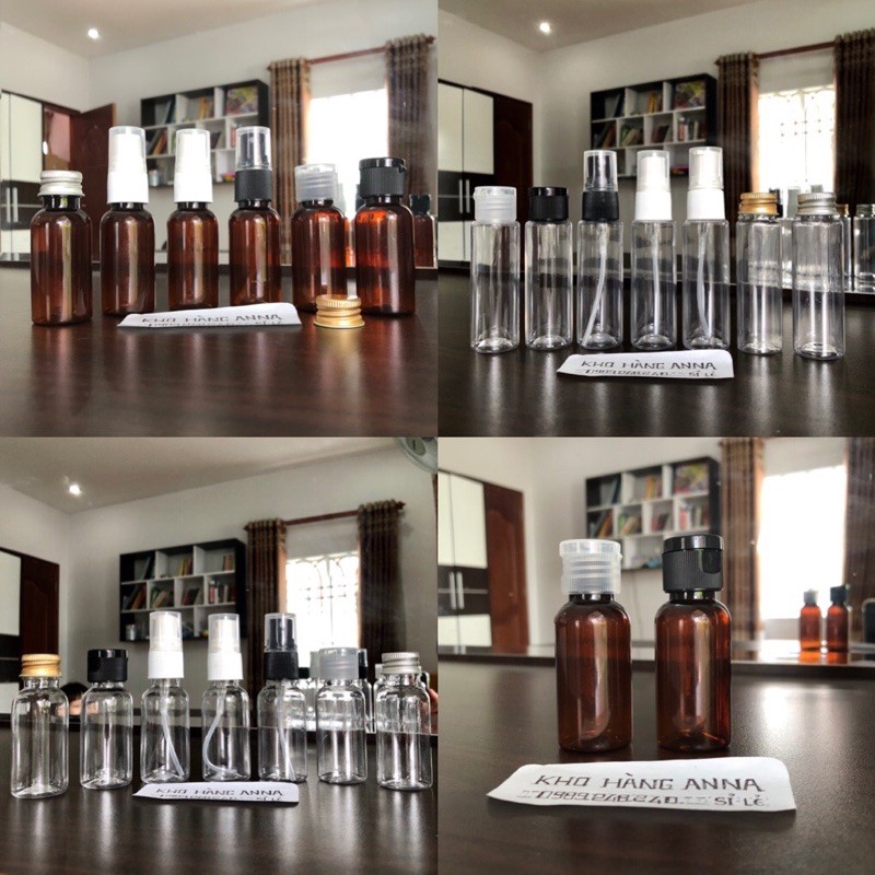 [Chai Hủ lọ 30ml] Chai Pet Nâu- Chai nhựa trong suốt chiết Mỹ phẩm- Chai Nâu 30ml Xịt sương/ xịt giọt/ nắp bật/ nắp nhôm