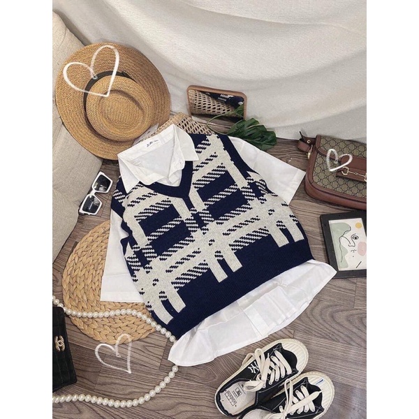 Sét áo gile kẻ + sơ mi tay lỡ TC6