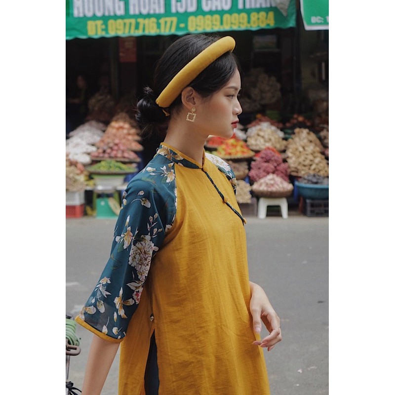 Áo Dài Thanh Liễu I - Lengdeng.Collect | Áo dài dáng suông cách tân vải đũi vàng phối voan hoa Tủ đồ của Lèng Dèng