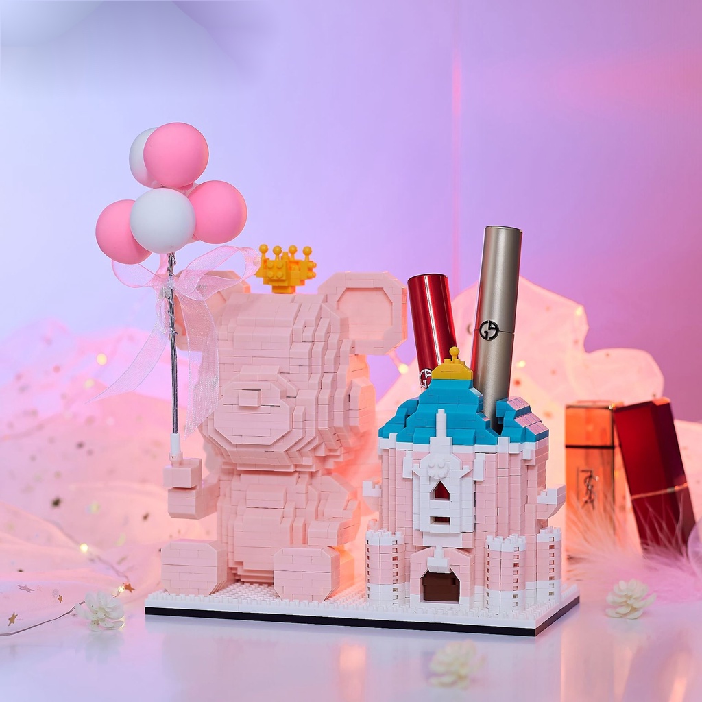 Đồ Chơi Lắp Ráp Lego Hình Chú Gấu Màu Hồng Kèm Hộp Đựng Bút