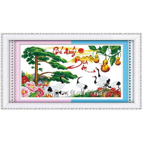Tranh thêu chữ thập Phú quý bình an - hạc, tùng, hồ lô < 8126 >