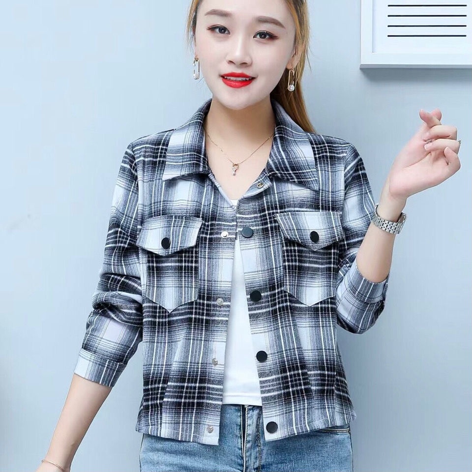 Áo sơ mi cotton chải lông phụ nữ 2021 tính khí mới phong cách phương tây tất cả các kết hợp kẻ sọc bên ngoài mặc áo khoá